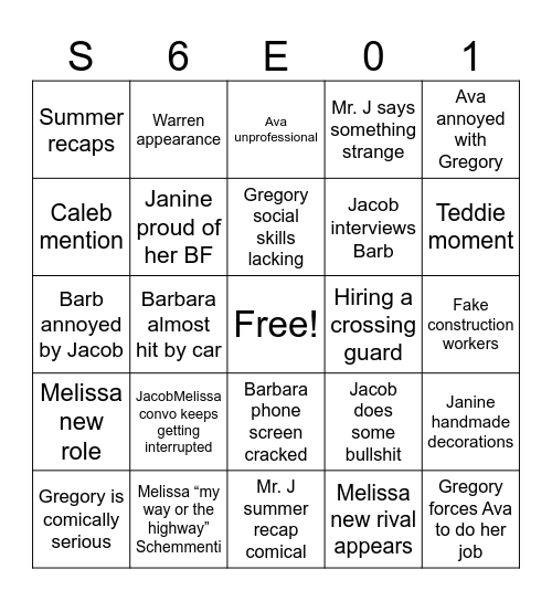 Season 6 premiere!!!!! Bingo Card