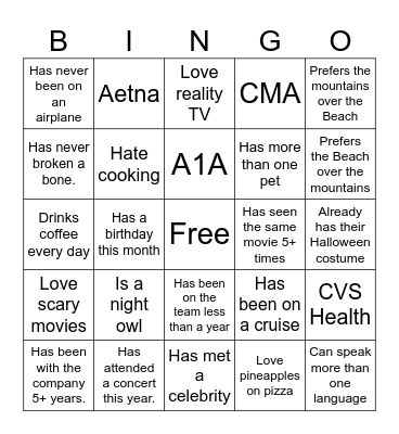 CMA + Mentor Get to Know You Bingo Card