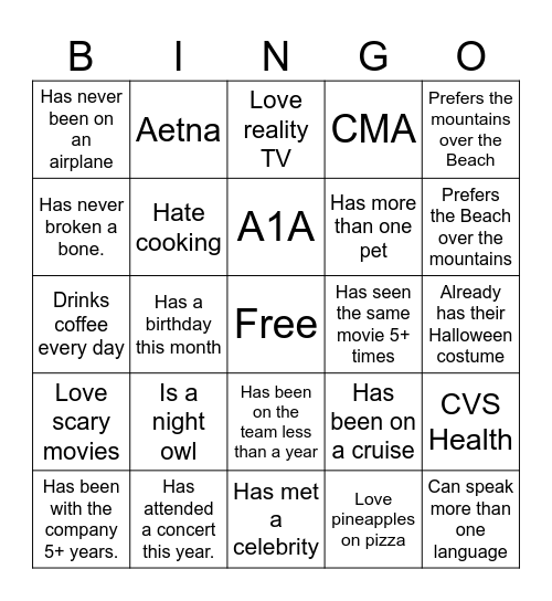 CMA + Mentor Get to Know You Bingo Card