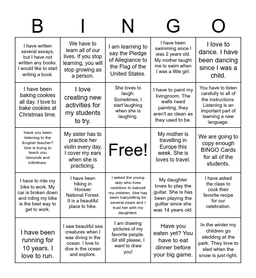 Gerunds and Infinitives Bingo Card