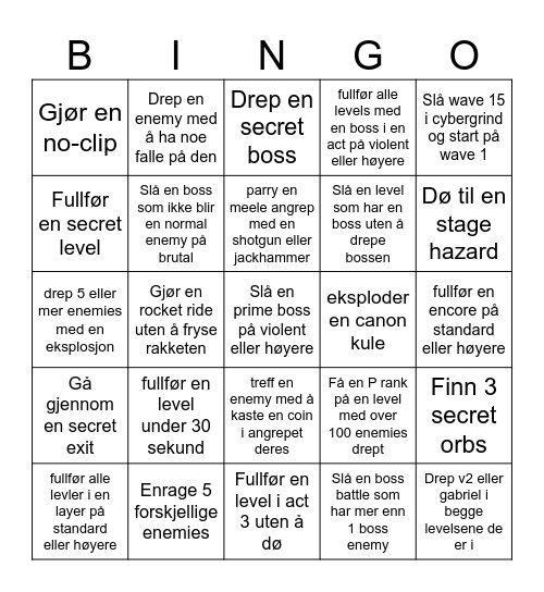 ultrakill bingo Card