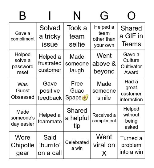 Customer Service Week Chipotle Style Bingo Card
