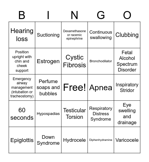 Respiratory and Reproductive Bingo Card
