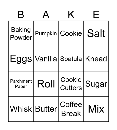 Baking Bingo Card Bingo Card