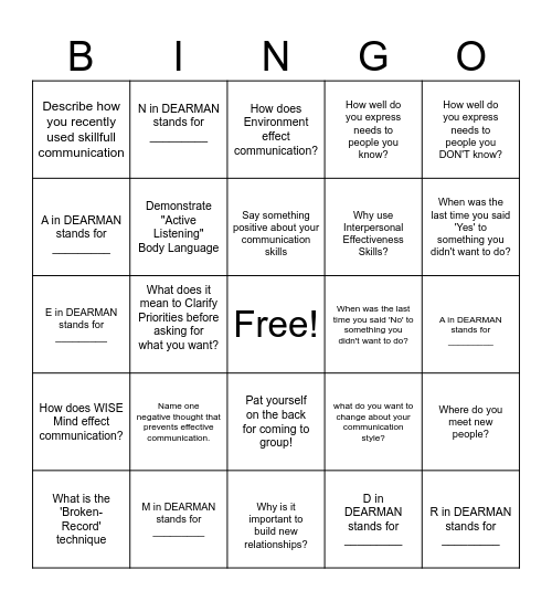 Communication Goals Bingo Card