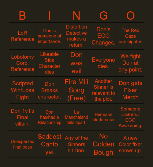 Canto 7: The Dream Ending Bingo Card
