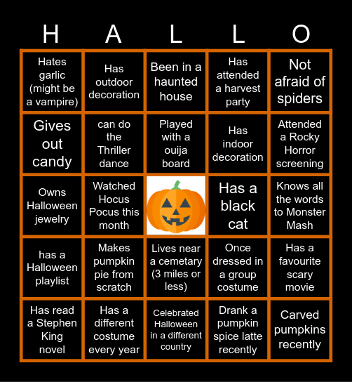 HALLOWEEN BINGO ICE BREAKER Bingo Card