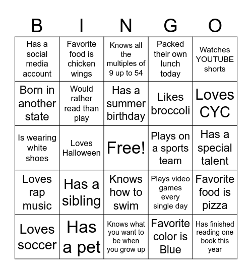 CYC Bingo Card