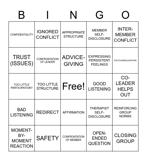 Initial Stage Bingo Card