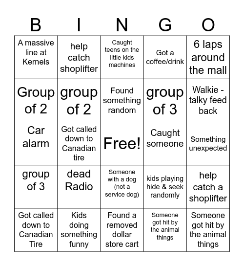Mall Security BINGO Card