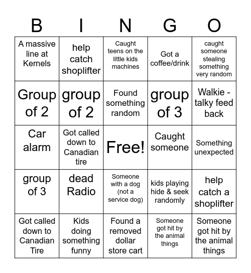 Mall Security BINGO Card