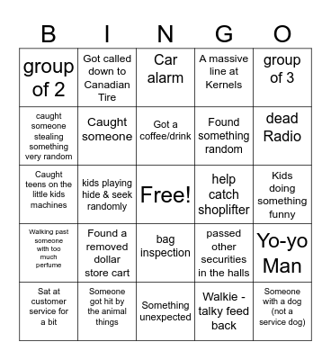 Mall Security BINGO Card