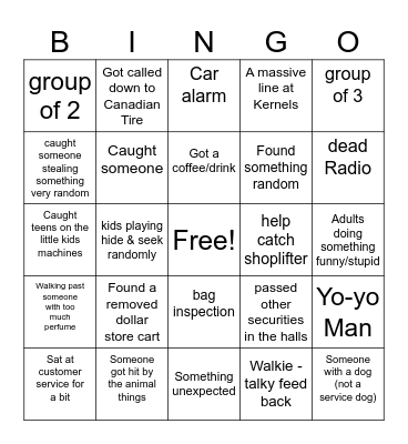 Mall Security BINGO Card