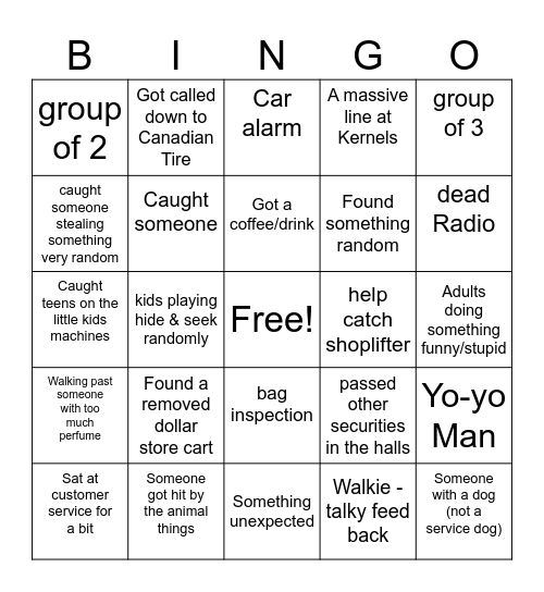 Mall Security BINGO Card