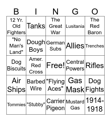 World War I Bingo Card