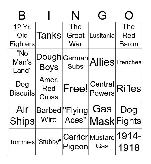 World War I Bingo Card