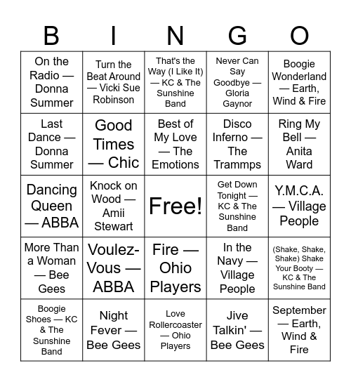 Disco Fever Bingo Card