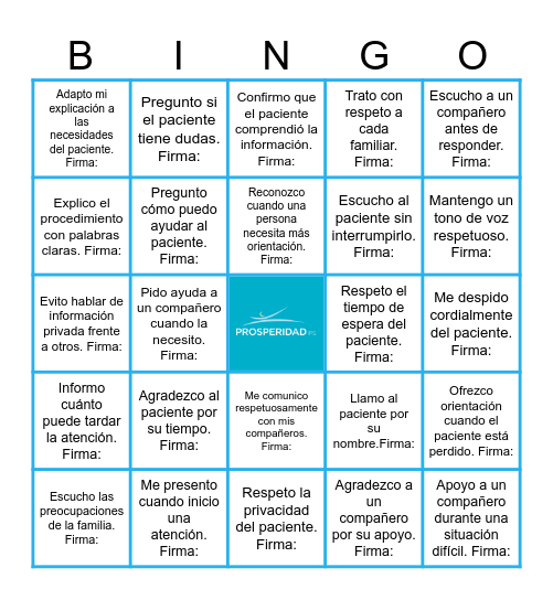 Bingo de Humanización Bingo Card