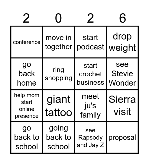 2026 Bucket list Bingo Card