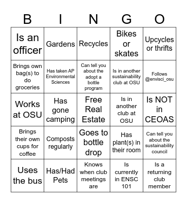 Envi Sci Club - Get to know you Bingo Card