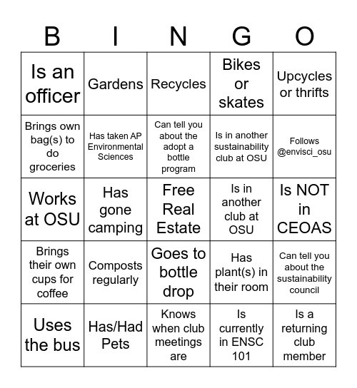 Envi Sci Club - Get to know you Bingo Card