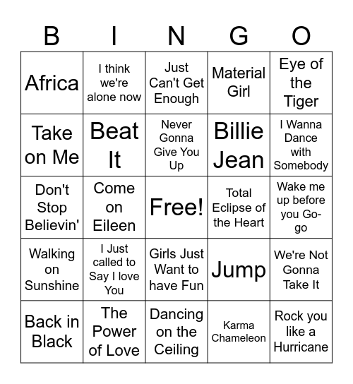Know Your 80's Tunes Bingo Card