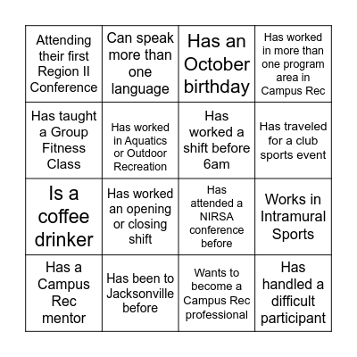 Region II Bingo Card