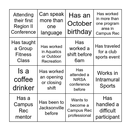 Region II Bingo Card