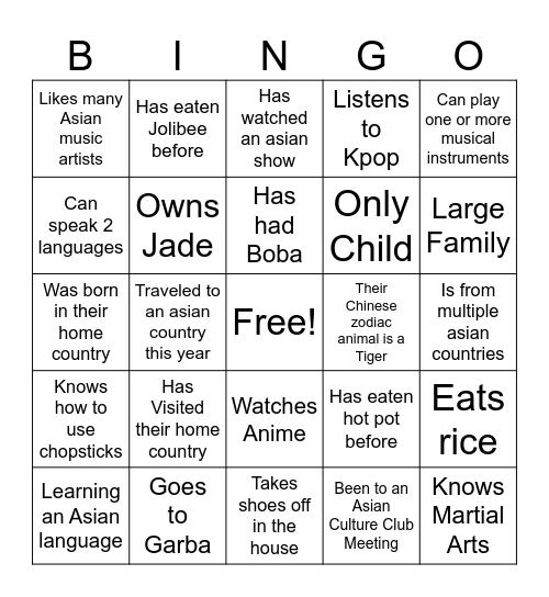 Asian Culture Bingo Card