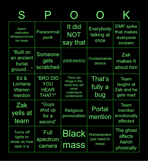 Ghost Adventures bingo Card