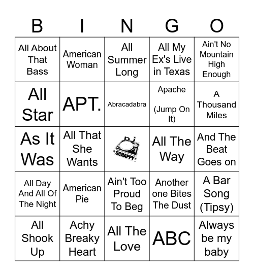 Songs That Start With "A" Bingo Card