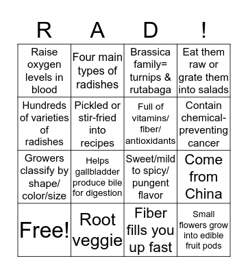 Radish Facts Bingo Card