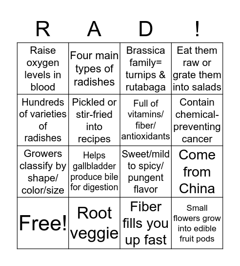 Radish Facts Bingo Card