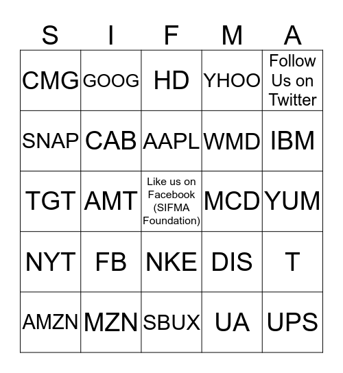 Stock Market Game Bingo Card