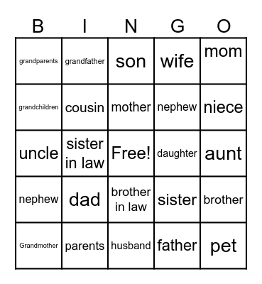 Family Vocabulary Bingo Card