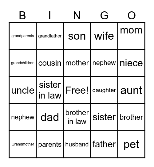 Family Vocabulary Bingo Card