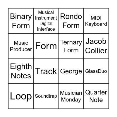 6th Grade Music Class Bingo #1 Bingo Card