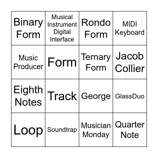 6th Grade Music Class Bingo #1 Bingo Card