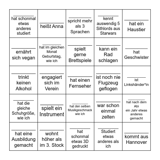 Kennlernbingo: Schreibe die Namen in die Felder :) Bingo Card