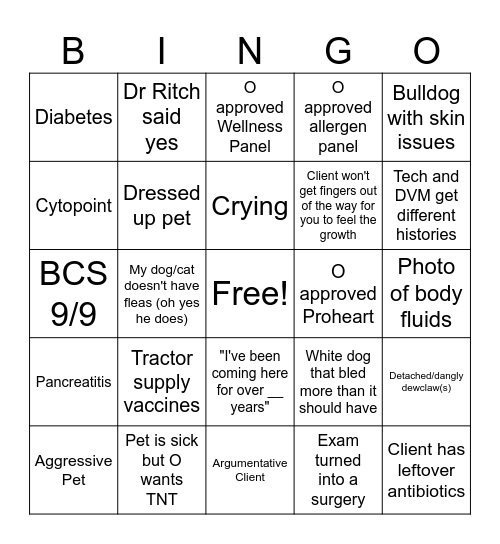 Vet Tech Bingo Card
