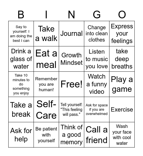 Self-Compassion Bingo Card