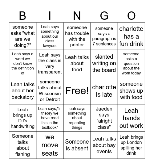 English Bingo Card