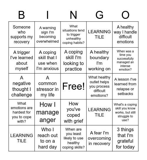 Coping Skills Bingo Card