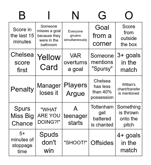 Chelsea and Spuds Bingo Card