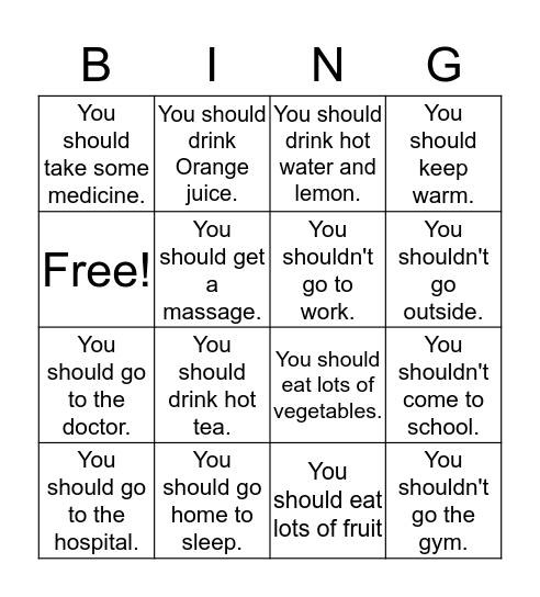 I'm sick. What should I do? Bingo Card