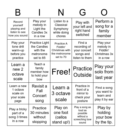 Fall Break Practice Bingo (Symphony) Bingo Card