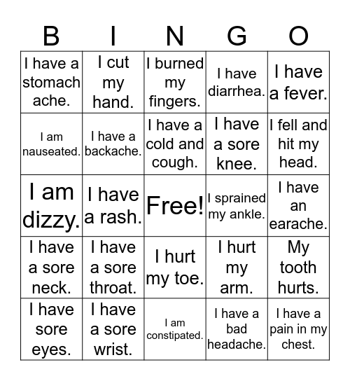 I am sick. Bingo Card