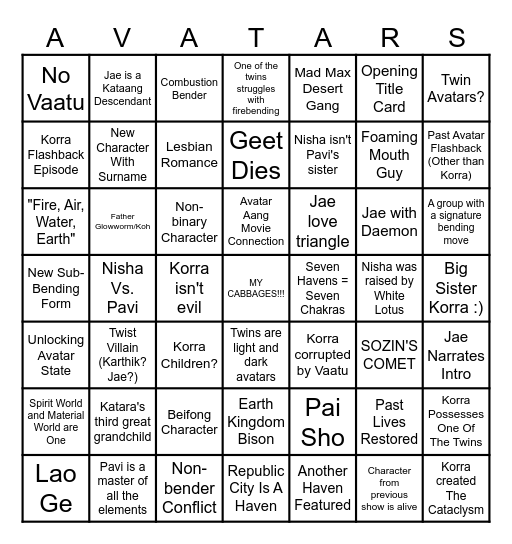 Avatar: Seven Havens Bingo Card