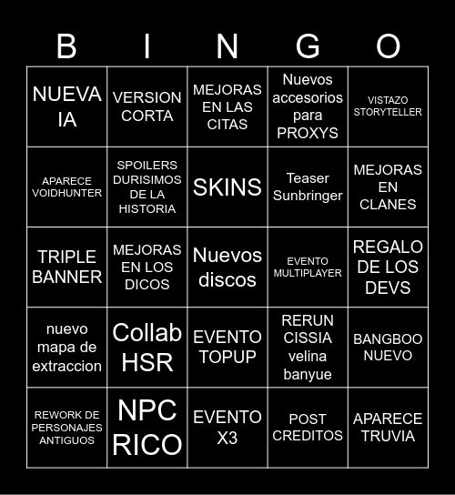Livestream 3.3 Bingo Card