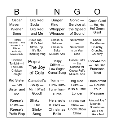 TV Commercial Jingles Bingo Card